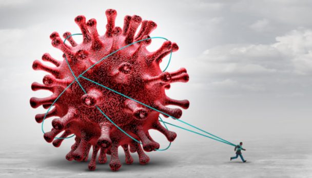 long Covid syndrome and coronavirus pandemic symptoms that persist as a burden concept or being tied trapped as a hauler of a virus infection with 3D illustration elements.