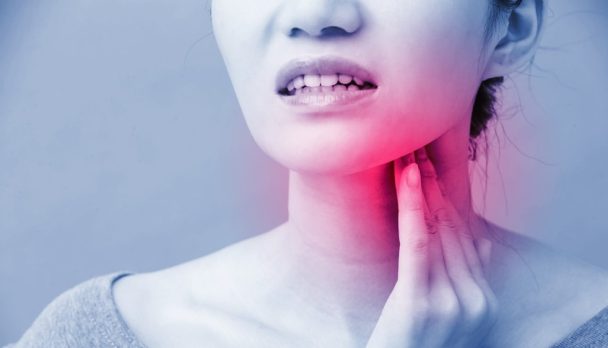 Women,With,Thyroid,Gland,Problem,On,The,Blue,Background