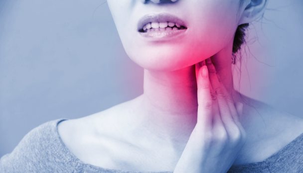 Women,With,Thyroid,Gland,Problem,On,The,Blue,Background