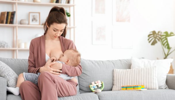 Breastfeeding,Concept.,Beautiful,Young,Woman,Lactating,Her,Toddler,Baby,On